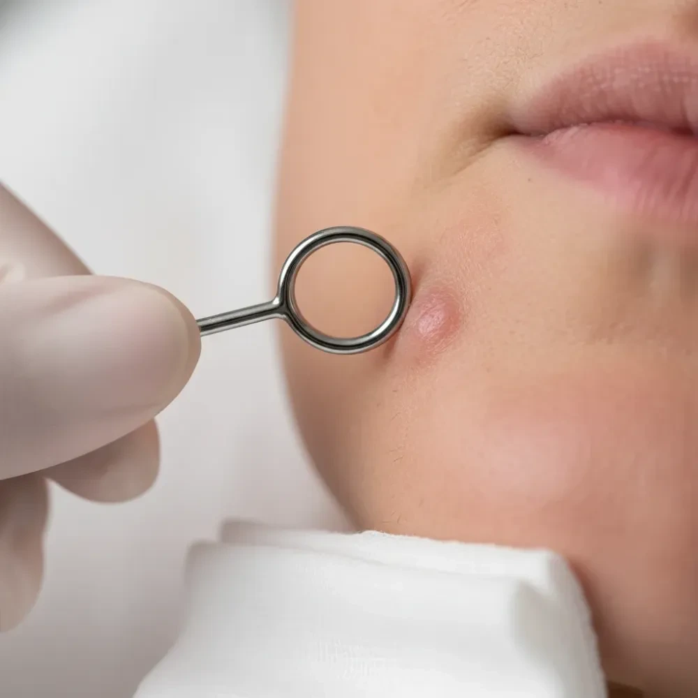 Close-up of a gloved hand using a stainless steel extraction tool on congested acne-prone skin — Acne Treatment at Jolie Visage in Murrells Inlet, SC