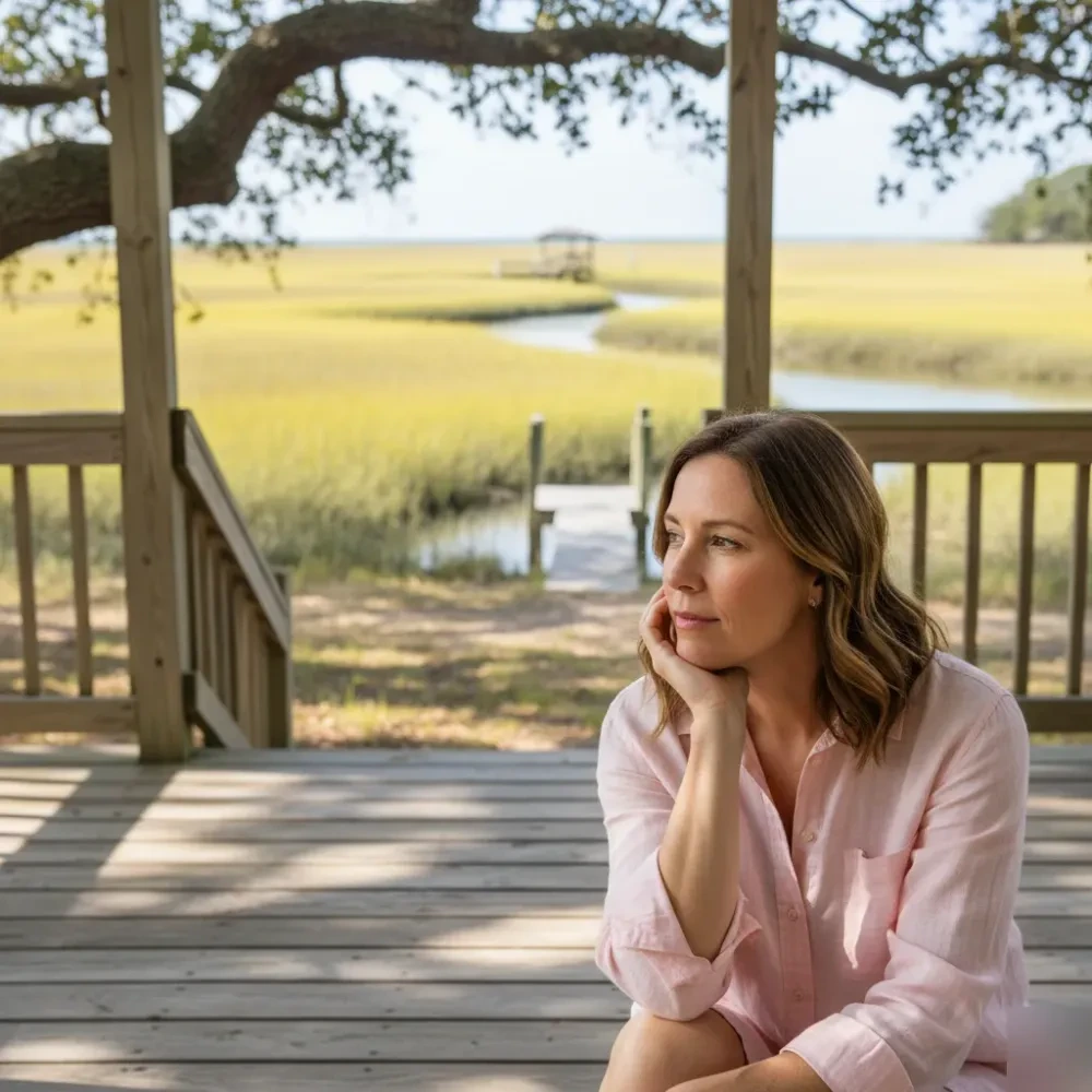 Woman on a Lowcountry porch near Murrells Inlet marsh touching her cheek in soft morning coastal light — Acne Scar Treatment at Jolie Visage in Murrells Inlet, SC
