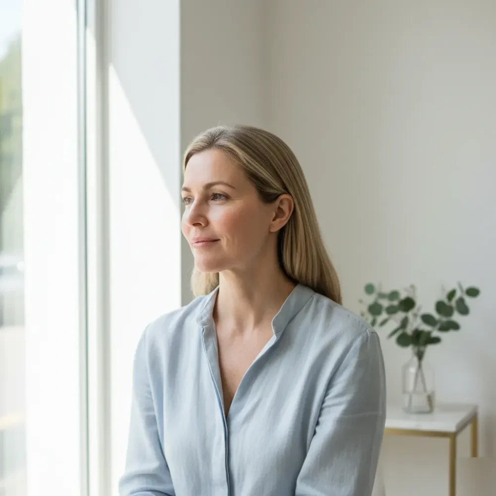 Woman in her 50s with visibly smoother skin seated near a sunlit clinic window after acne scar treatment in Murrells Inlet.