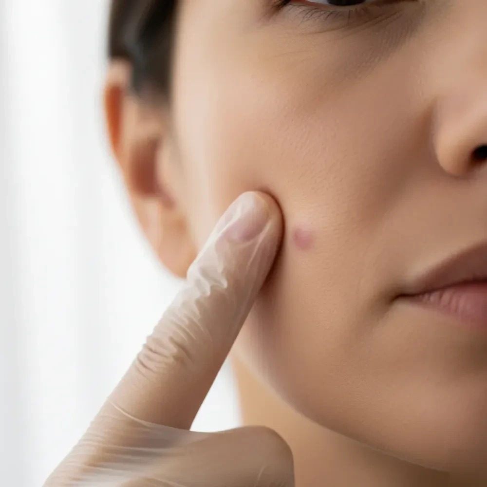 Close-up of a depressed acne scar on the cheek being examined during a skin consultation in Murrells Inlet — Acne Scar Treatment at Jolie Visage in Murrells Inlet, SC