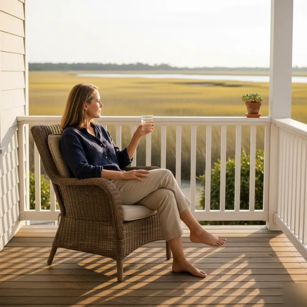 Woman with clear calm skin sits on a coastal South Carolina porch near Murrells Inlet marsh in afternoon light — Acne Treatment at Jolie Visage in Murrells Inlet, SC
