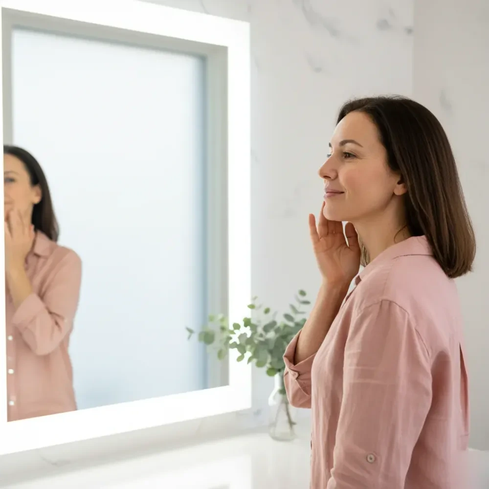 Woman in her 50s examining her clearer skin in a clinic mirror after completing an acne treatment series.