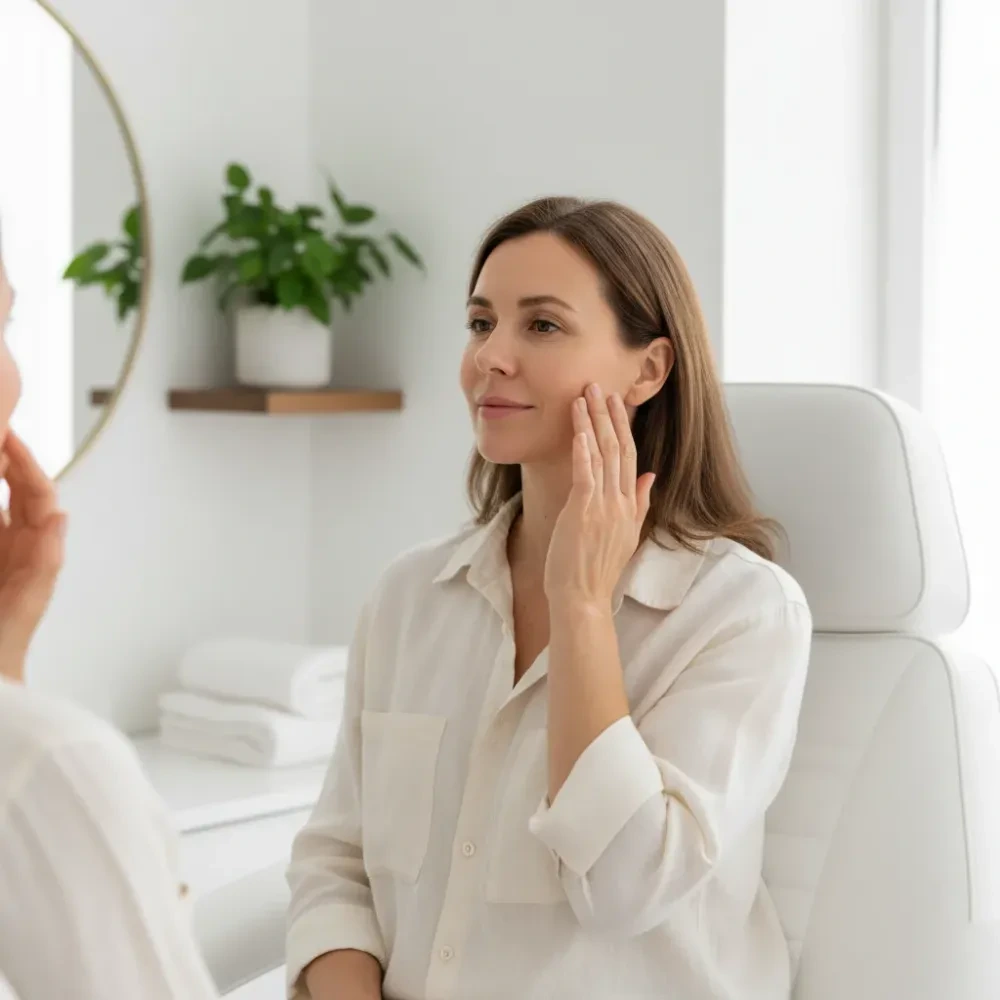 Woman examines her smoother, more luminous skin in a mirror after completing an anti-aging facial session.