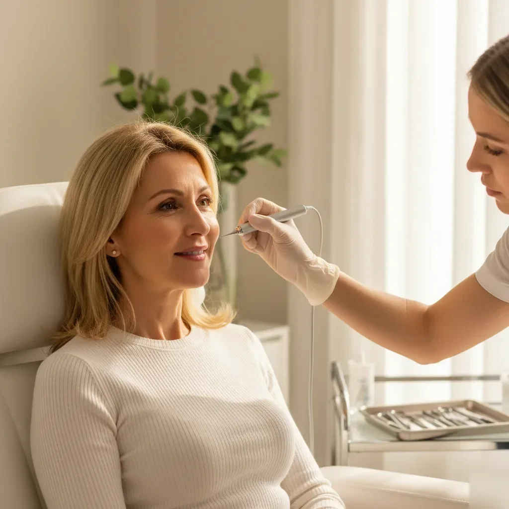Woman in her 50s receiving an anti-aging skin treatment at a coastal South Carolina rejuvenation clinic.