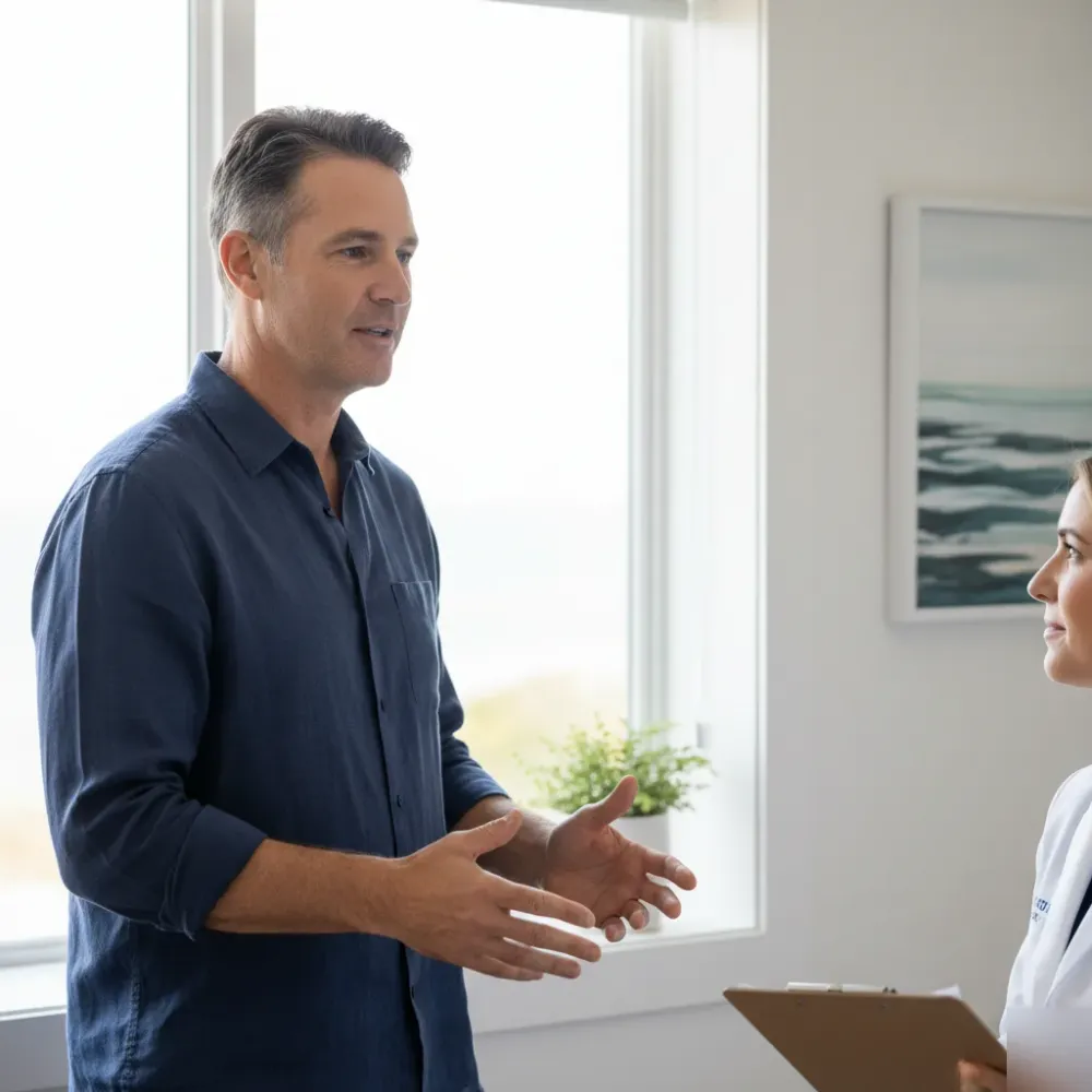 A man in his late 50s stands near a clinic window speaking with a provider during a medical weight management consultation.