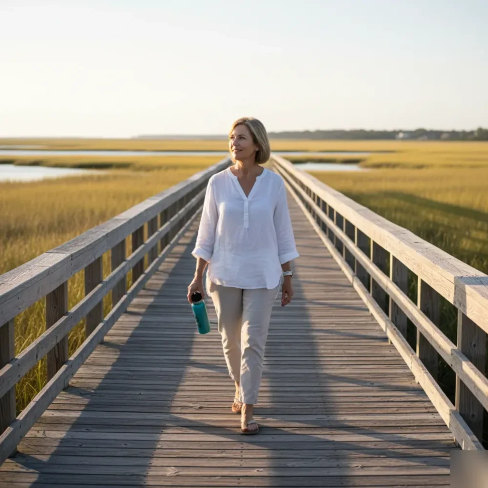 Woman in her early 50s walks along a sunlit marsh boardwalk near Murrells Inlet carrying a teal water bottle in afternoon — Appetite Suppressant Medication at Jolie Visage in Murrells Inlet, SC