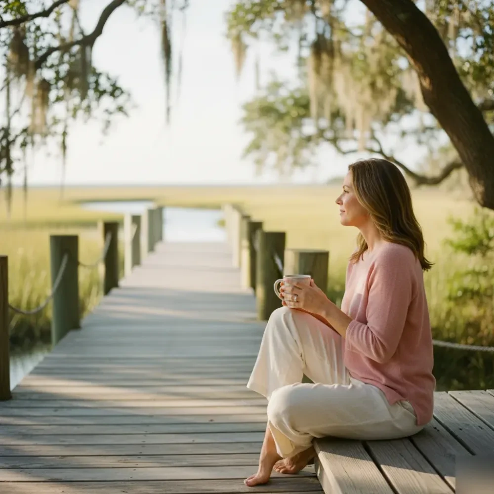 Woman sits on a sunlit coastal porch overlooking a calm inlet marsh in Murrells Inlet, holding a ceramic mug peacefully — Vitamin B12 Injections at Jolie Visage in Murrells Inlet, SC