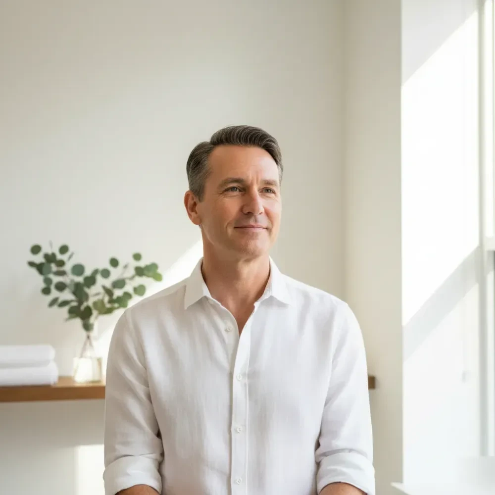 Man in his late 50s stands relaxed near a sunlit window inside a clean, modern clinic room after a B12 appointment — Vitamin B12 Injections at Jolie Visage in Murrells Inlet, SC