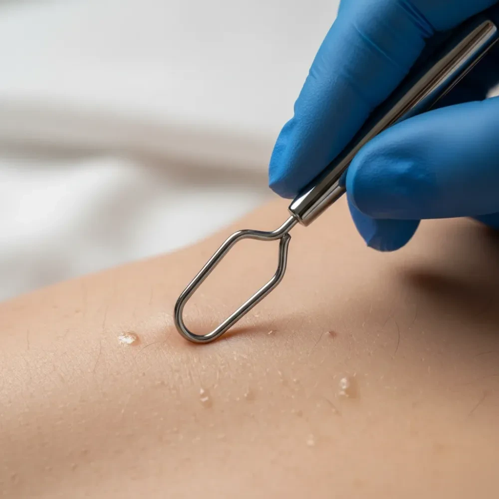 Close-up of a gloved hand using a metal extraction tool on a client's back during a back facial.