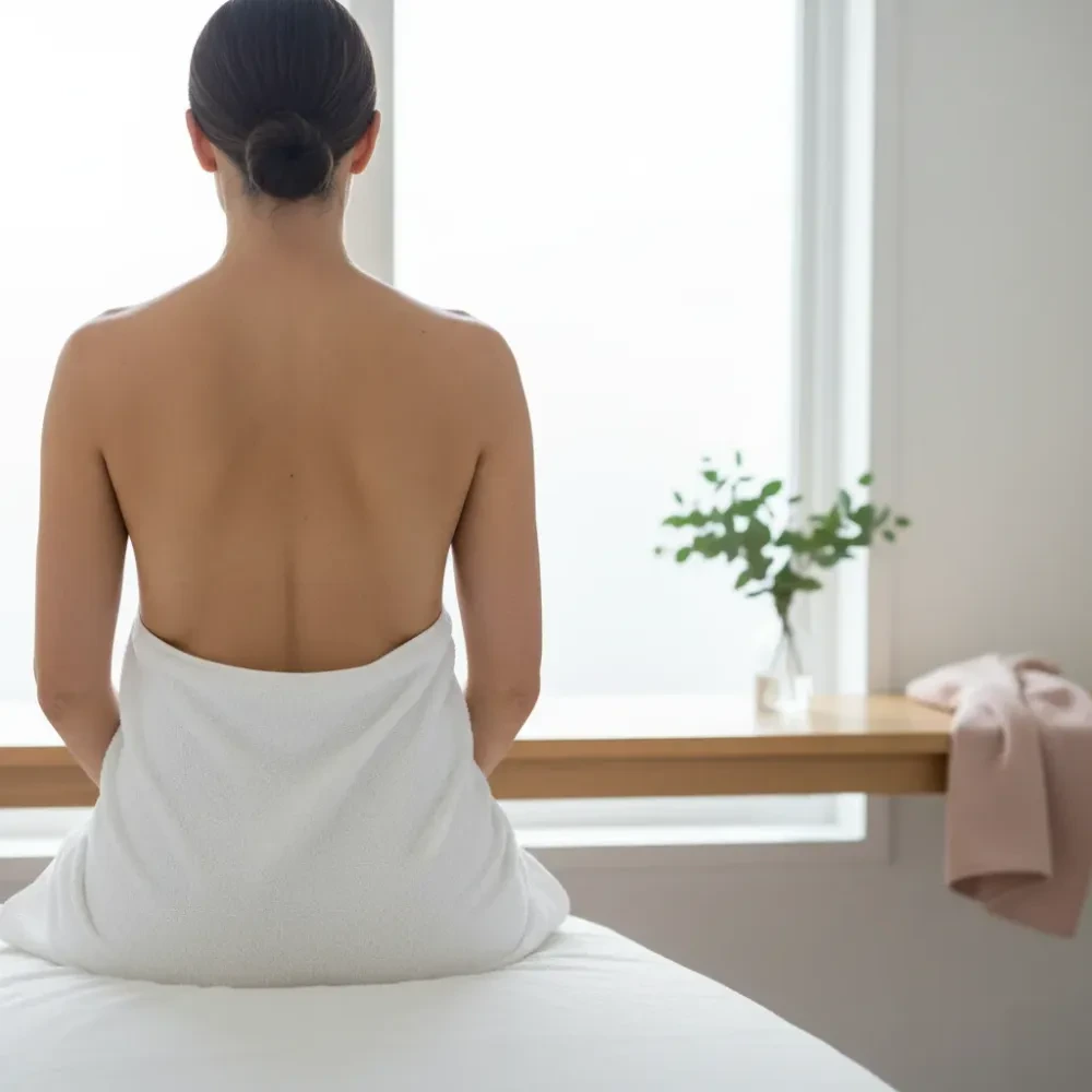 Woman seated on a spa treatment table with smooth, clear back skin visible after a back facial treatment.