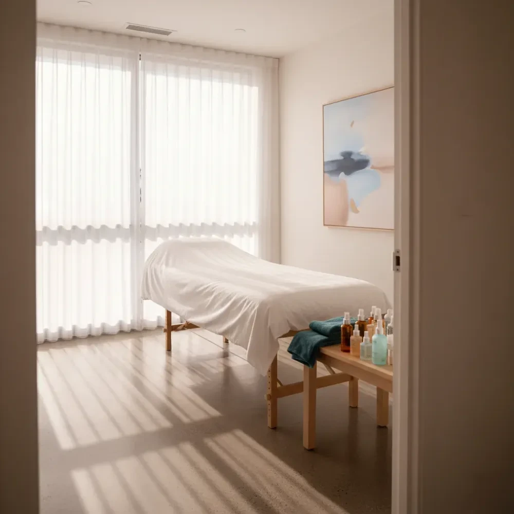 Clean, sunlit boutique treatment room with a facial bed and coastal decor in Murrells Inlet, SC.