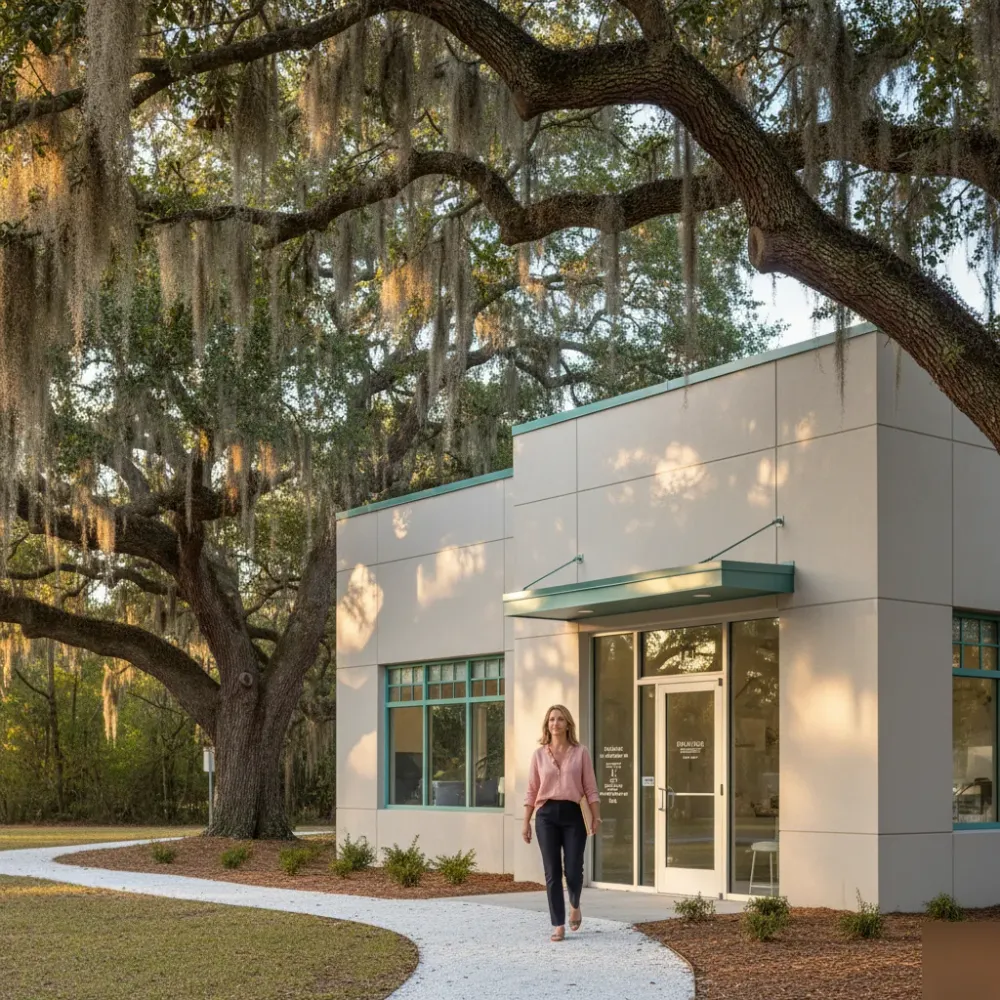 Woman exits a modern boutique clinic building surrounded by live oak trees in a coastal South Carolina setting.