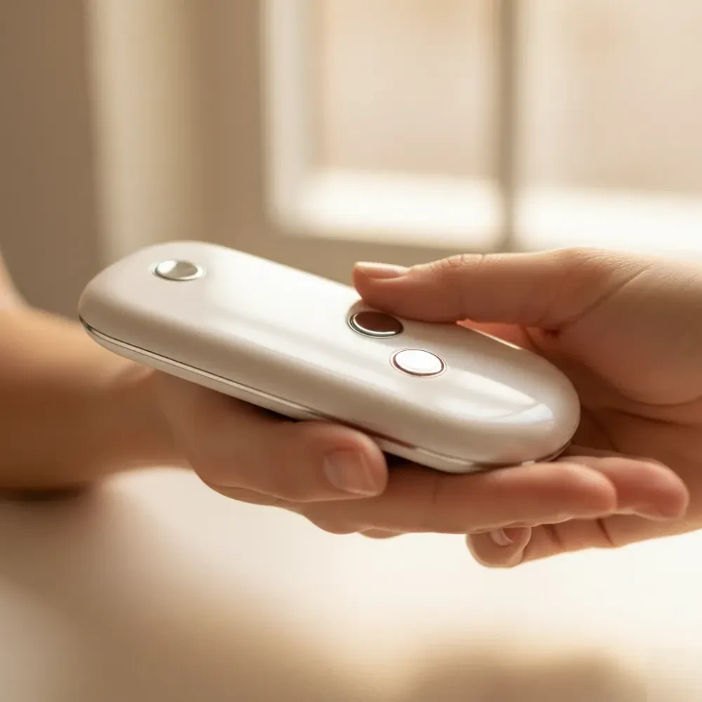 Close-up of a bioelectrical impedance device pressed against a patient's palm during a body composition test.