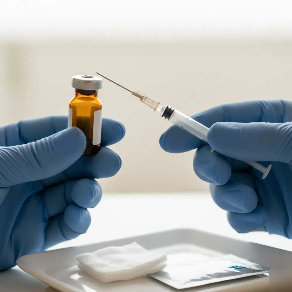 Gloved hands hold an amber vial and syringe on a clean medical tray, representing a bioidentical hormone delivery method.