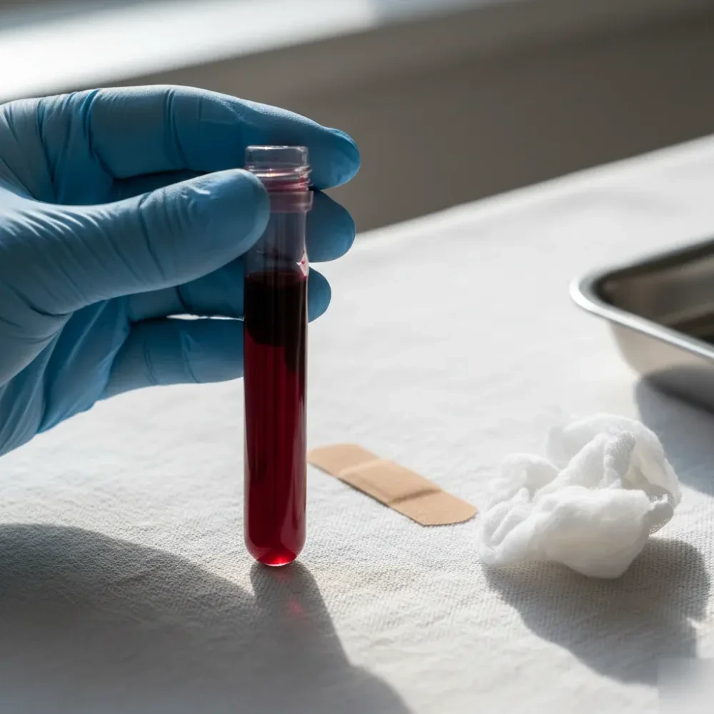 Close-up of a blood collection tube held above a linen tray at a weight loss clinic.