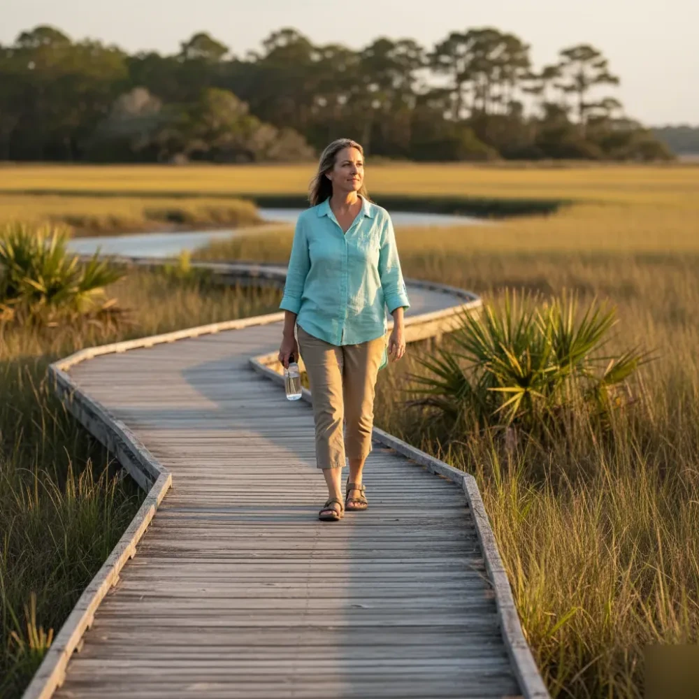 Woman walks a coastal boardwalk path in Murrells Inlet after a body composition analysis appointment.