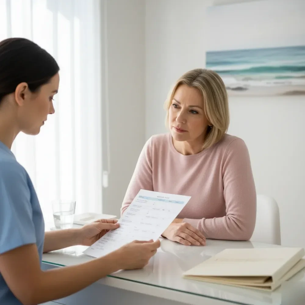 Patient reviews her body composition results report with a clinic technician at a desk in Murrells Inlet.