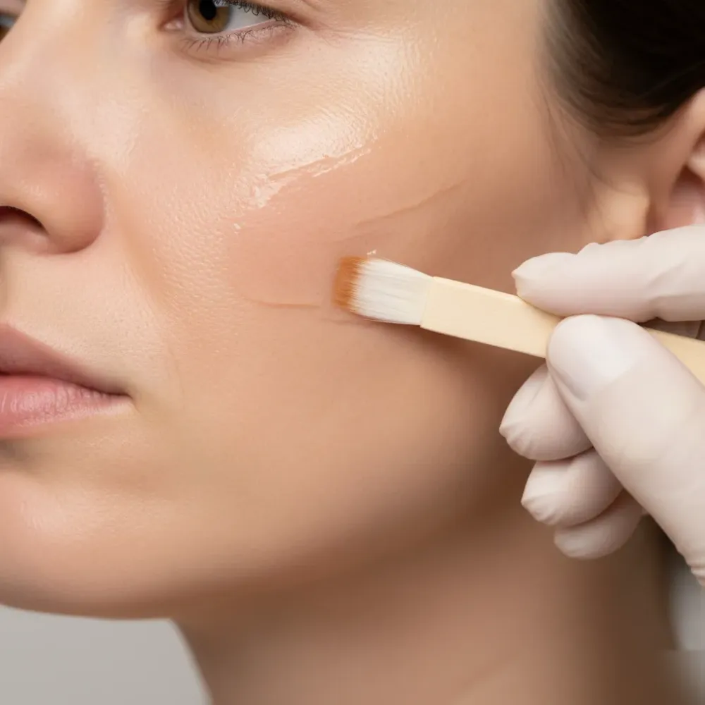 Close-up of a chemical peel solution being applied with a fan brush to sun-damaged facial skin.