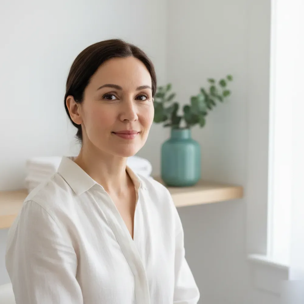 Woman in her early 50s with smooth, even skin sits in a bright clinic consultation room after a chemical peel.