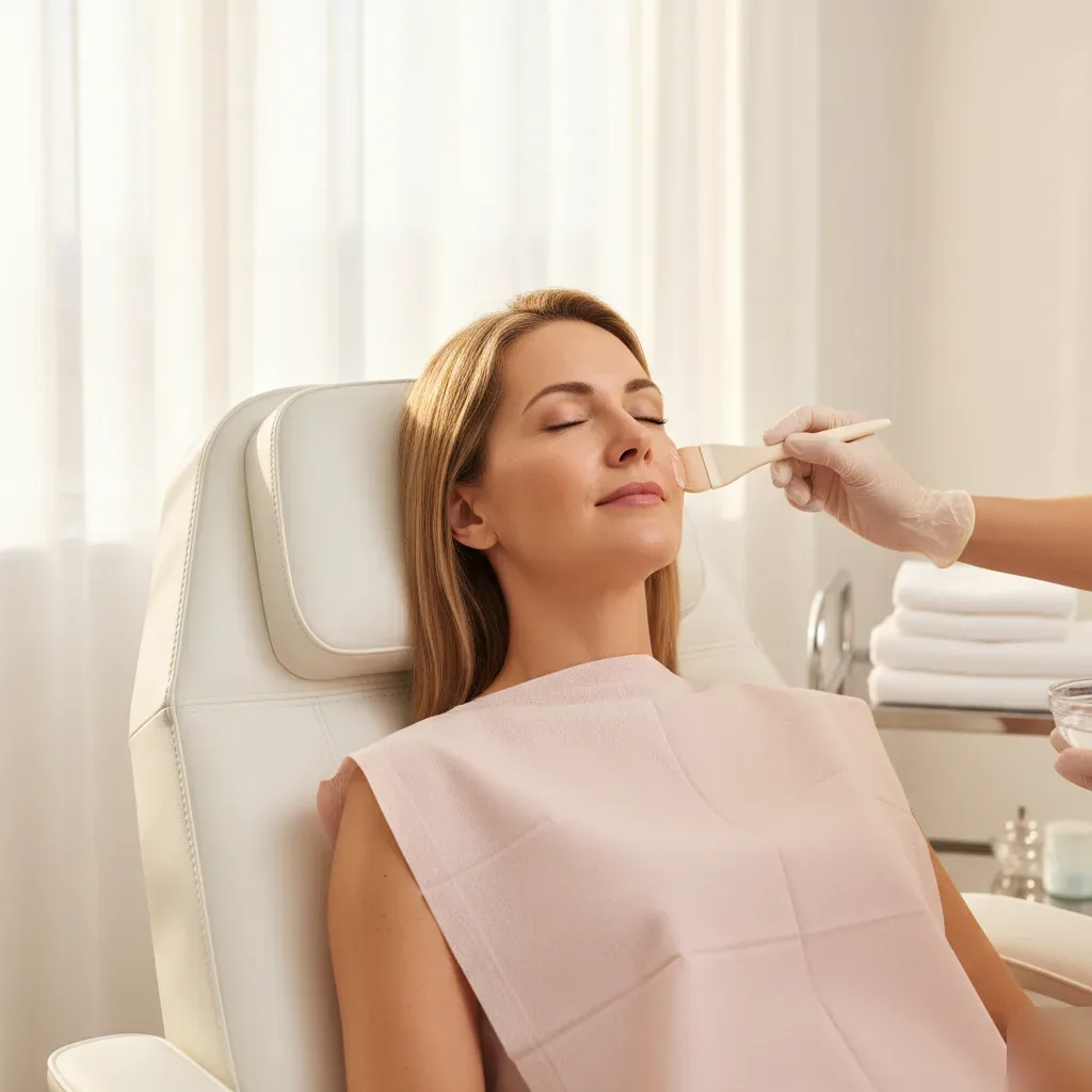 Woman receiving a chemical peel treatment at a boutique clinic in Murrells Inlet, SC.