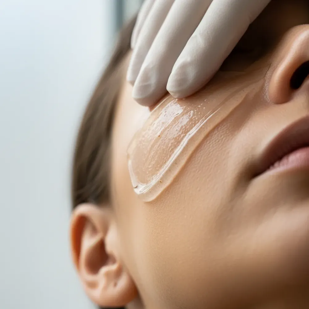 Close-up of gloved hands applying a clear peel gel to a woman's cheek during a medical grade facial.