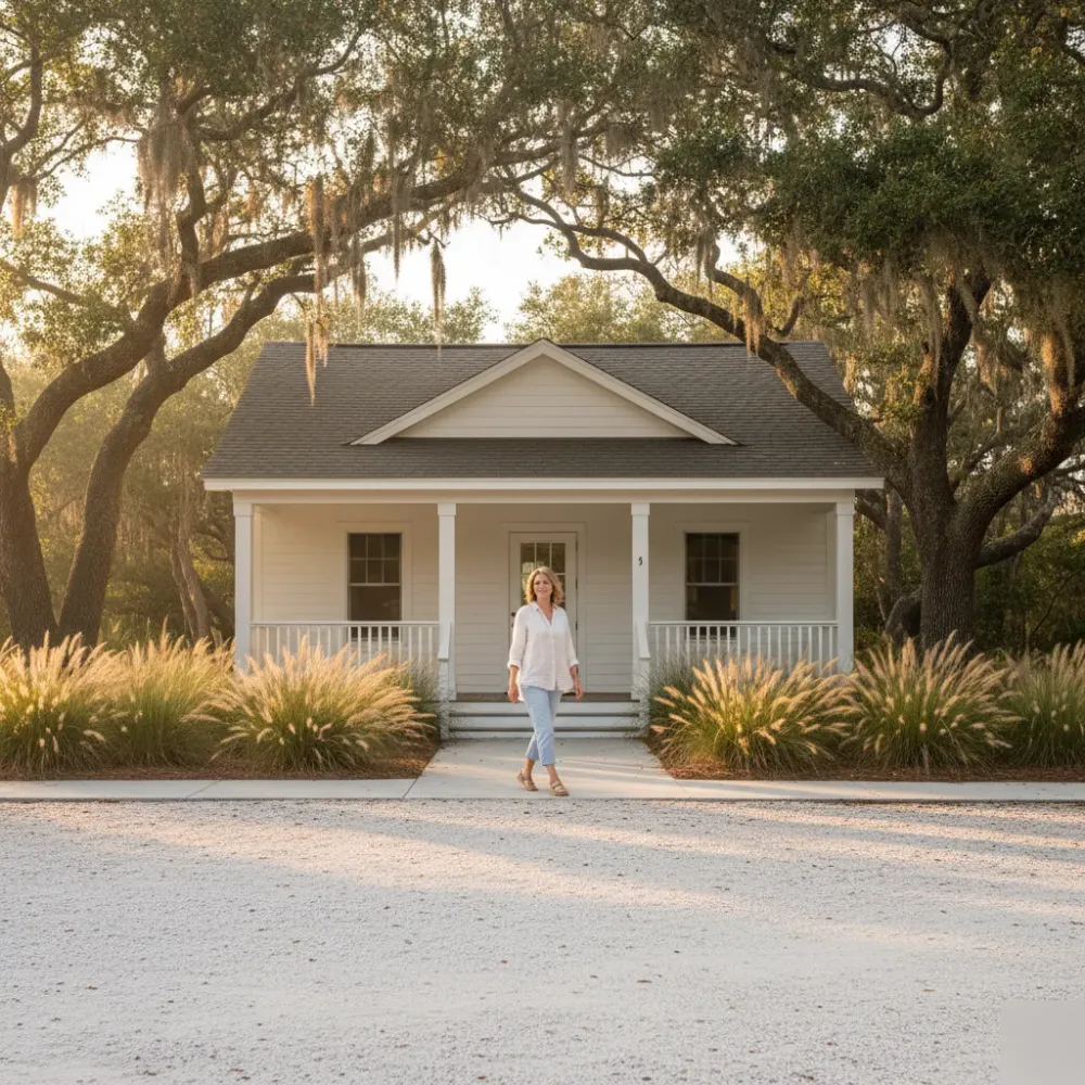 Woman walking toward a coastal clinic entrance surrounded by live oak trees in Murrells Inlet, South Carolina.