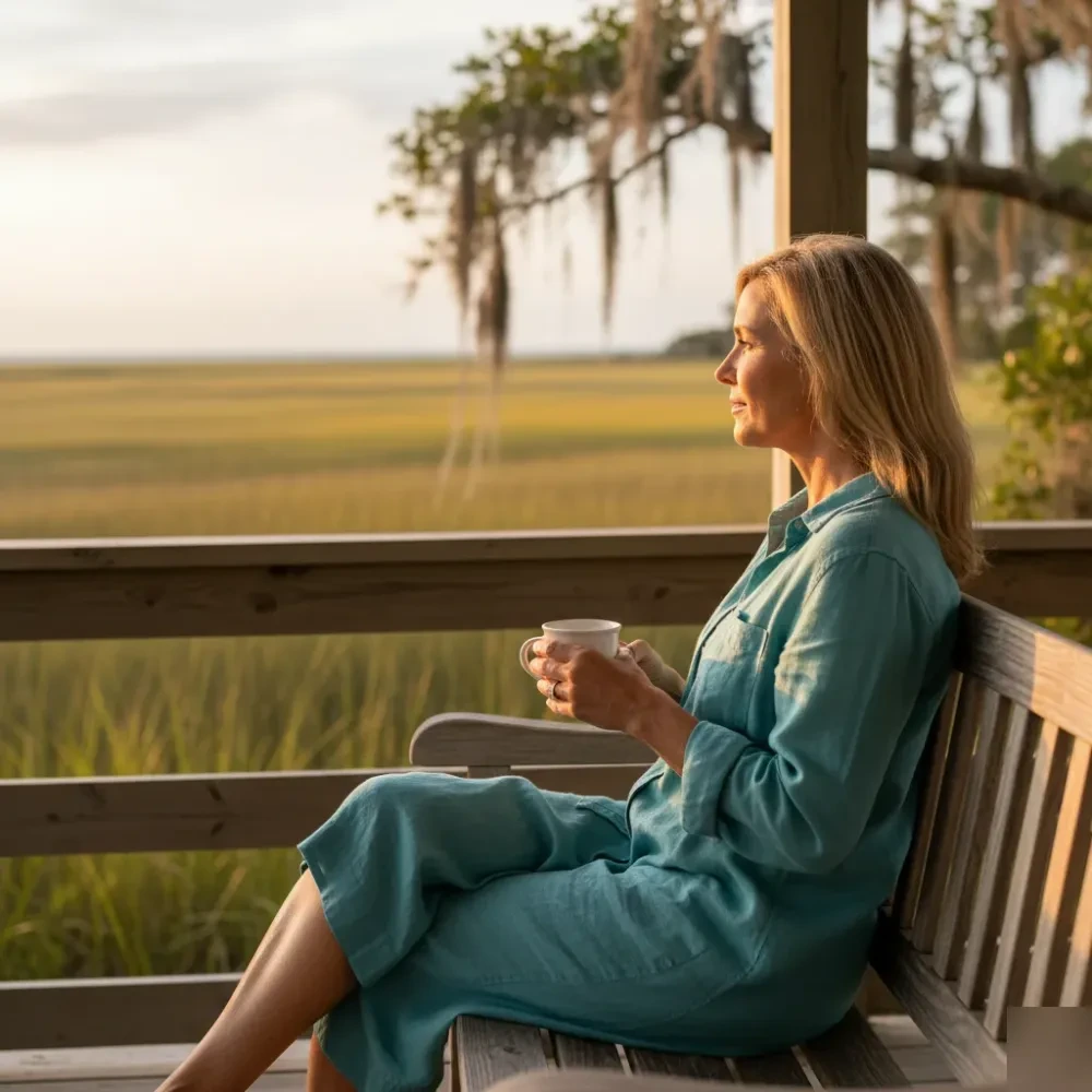 Woman in her mid-50s sits on a sunlit coastal porch overlooking a marsh inlet in Murrells Inlet, South Carolina.
