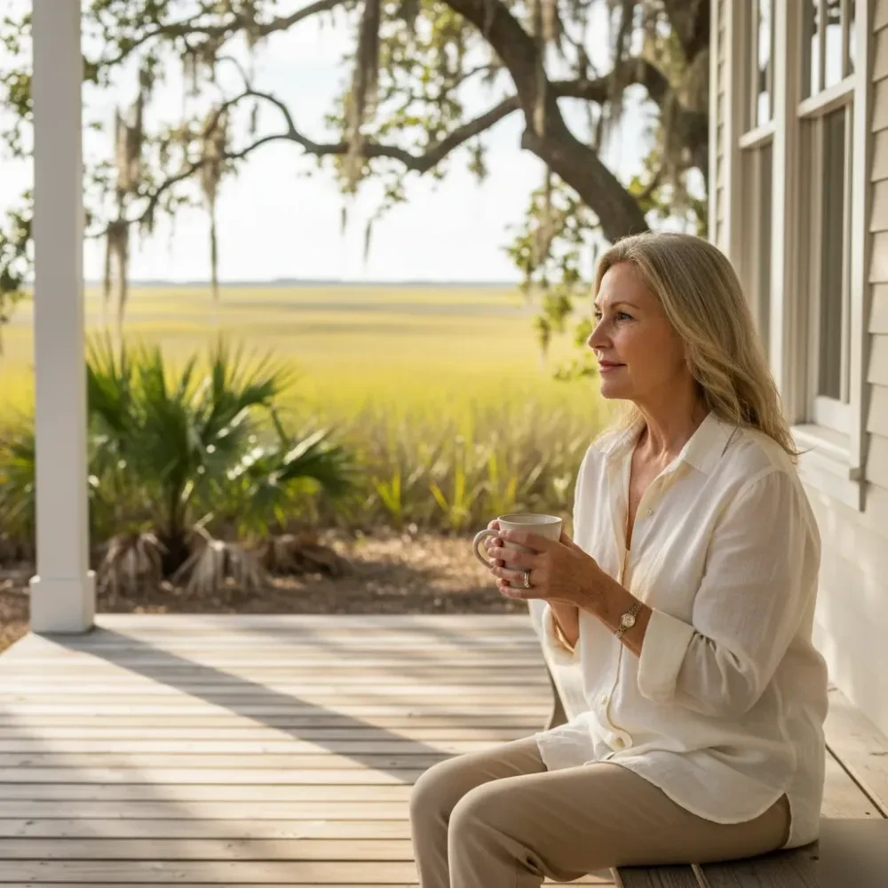 Woman with clear, even skin sits on a Lowcountry porch near a salt marsh in Murrells Inlet, SC.