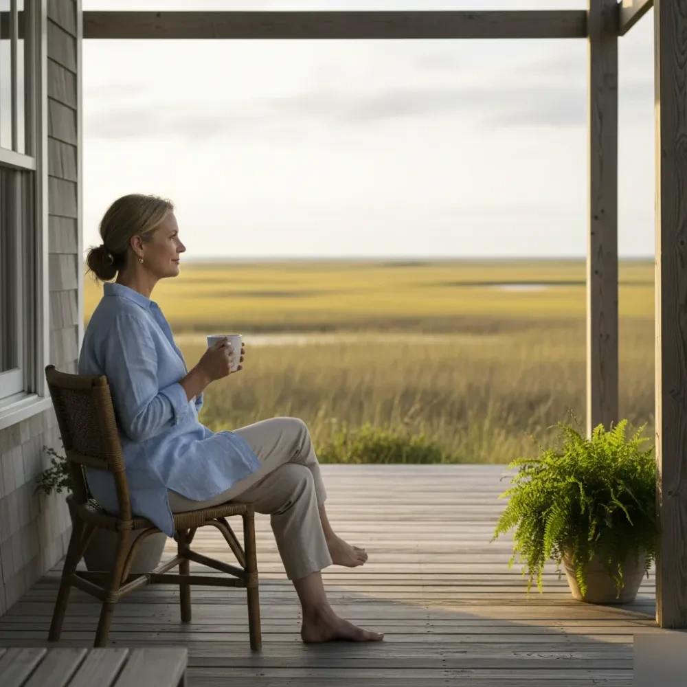 Woman with healthy, even-toned skin sits on a coastal porch overlooking a marsh in Murrells Inlet, South Carolina.