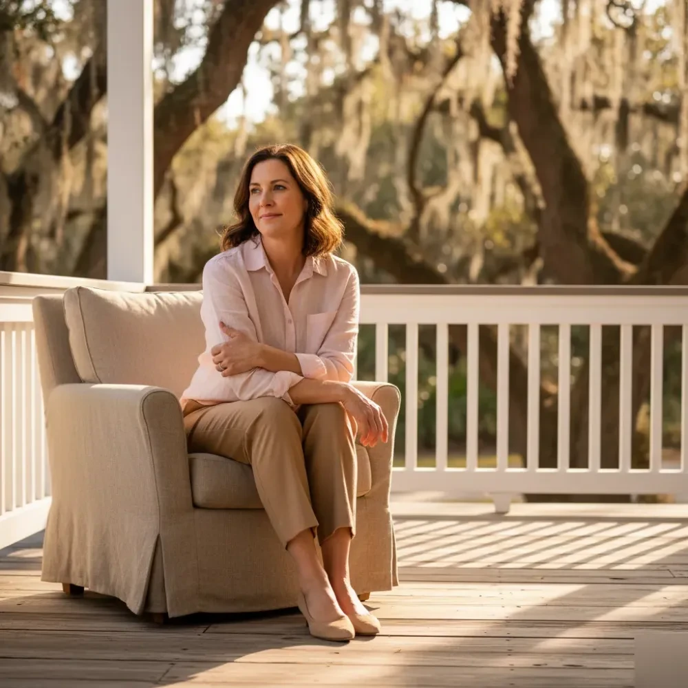 Woman in her mid-40s sits on a sunlit low-country porch in coastal South Carolina, relaxed in natural linen clothing at