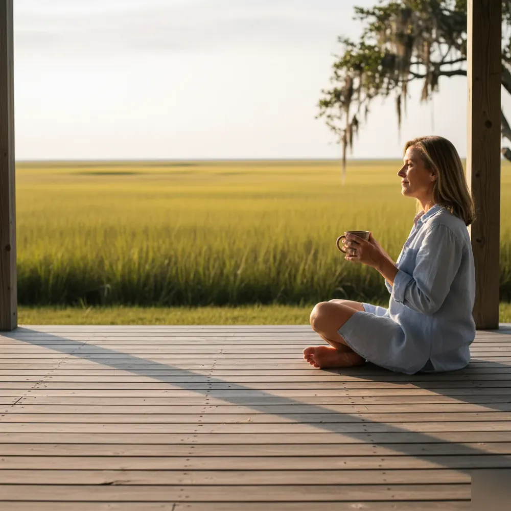 Woman in a linen shirt sits on a sunlit porch overlooking a tidal marsh in Murrells Inlet, South Carolina.