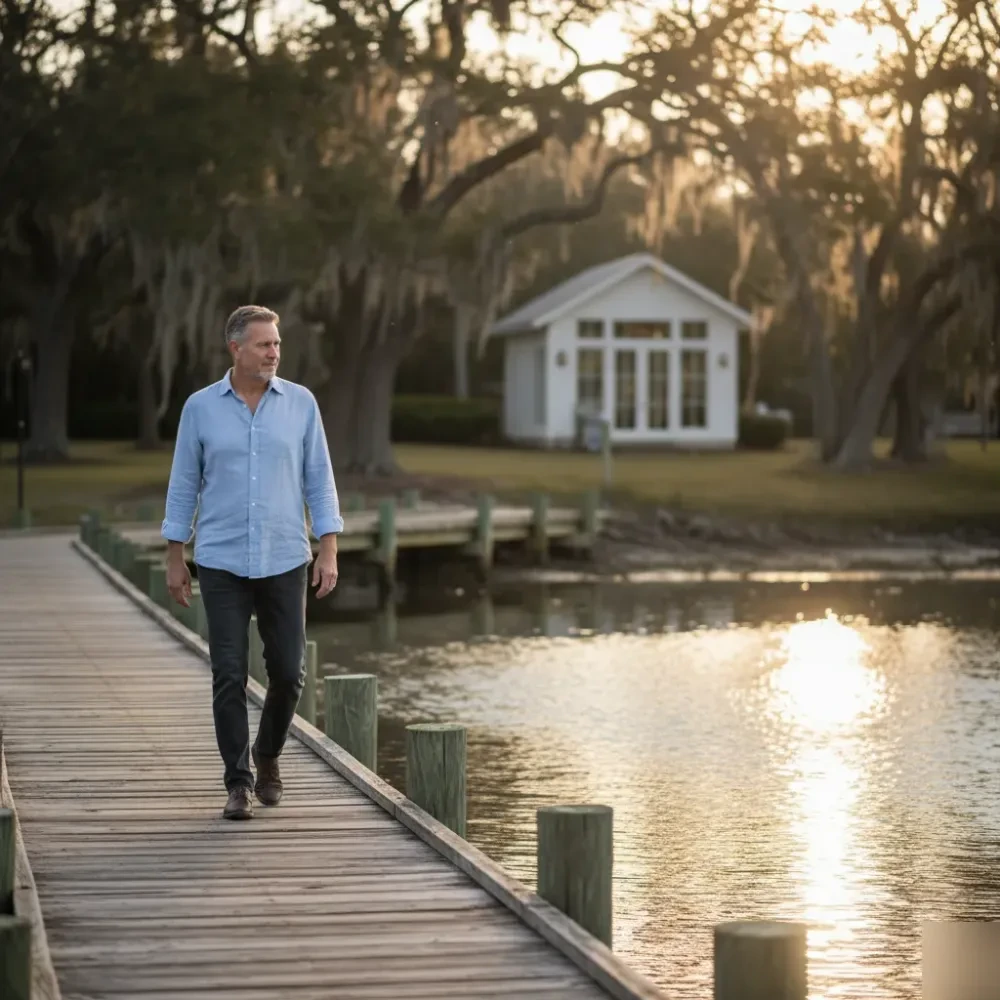 Man in his late 50s walks along a wooden dock near a tidal inlet in Murrells Inlet during golden hour afternoon light.