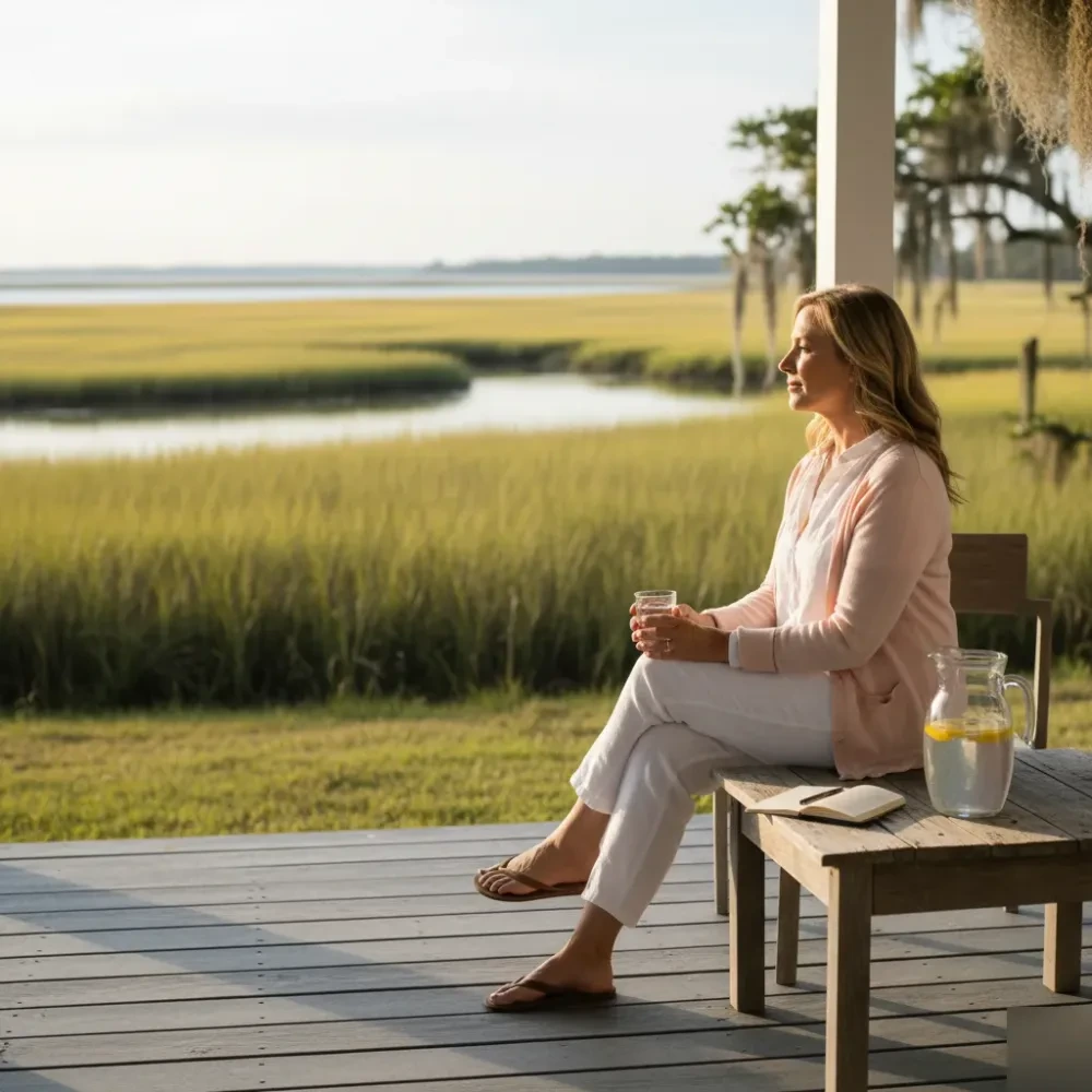 Woman sitting on a sunlit coastal porch near Murrells Inlet marsh water, holding a glass of water calmly.