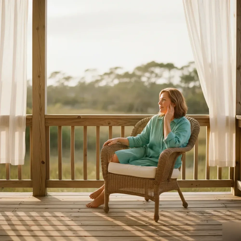 Woman in her mid-50s sitting on a sunlit coastal porch in Murrells Inlet, resting her hand on her cheek.