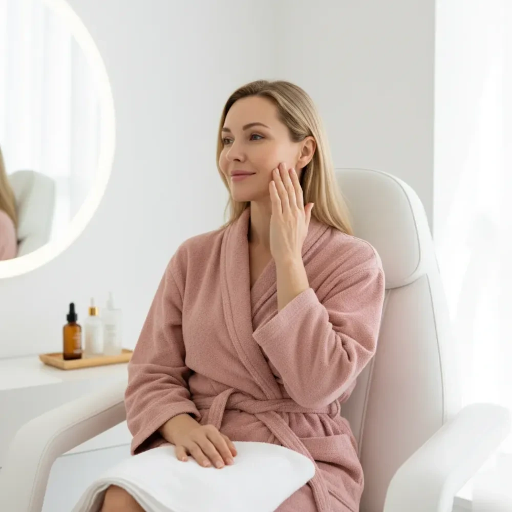 Woman in her late 40s touching her cheek and viewing her reflection after a collagen facial treatment in a clinic.