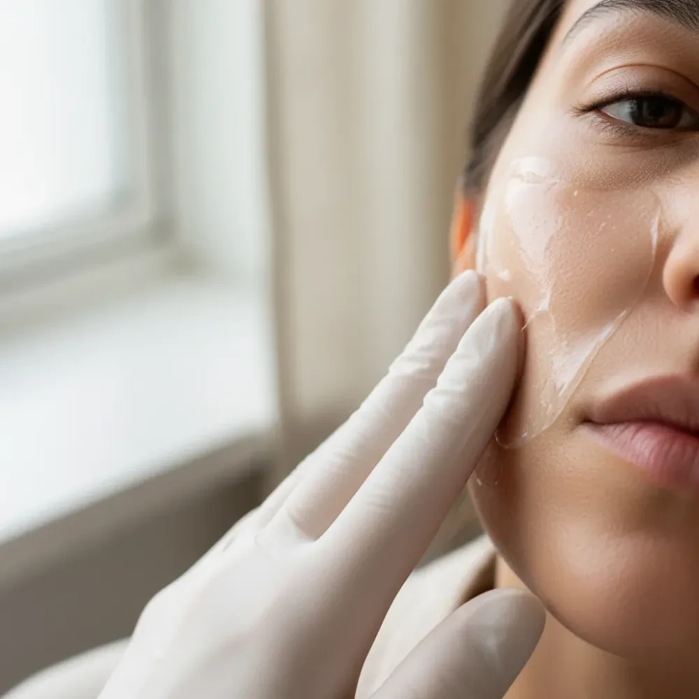 Close-up of gloved hands pressing a translucent collagen gel sheet against a client's jawline during a facial.