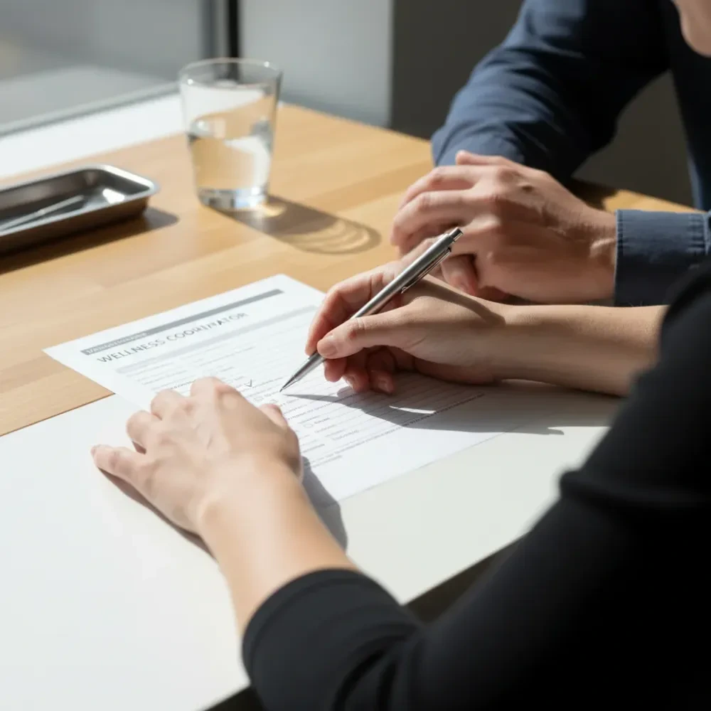 Two pairs of hands review a printed wellness intake checklist on a wood desk inside a boutique clinic in Murrells Inlet.