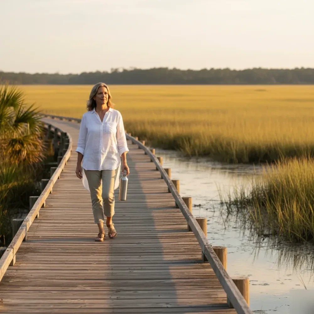 Woman in her late forties walks along a tidal marsh boardwalk in Murrells Inlet during golden hour, holding a water bottle.