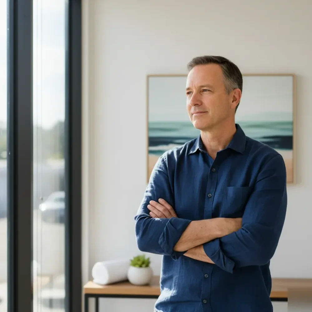 Man in his mid-fifties stands relaxed near a bright window inside a modern wellness clinic in Murrells Inlet after a