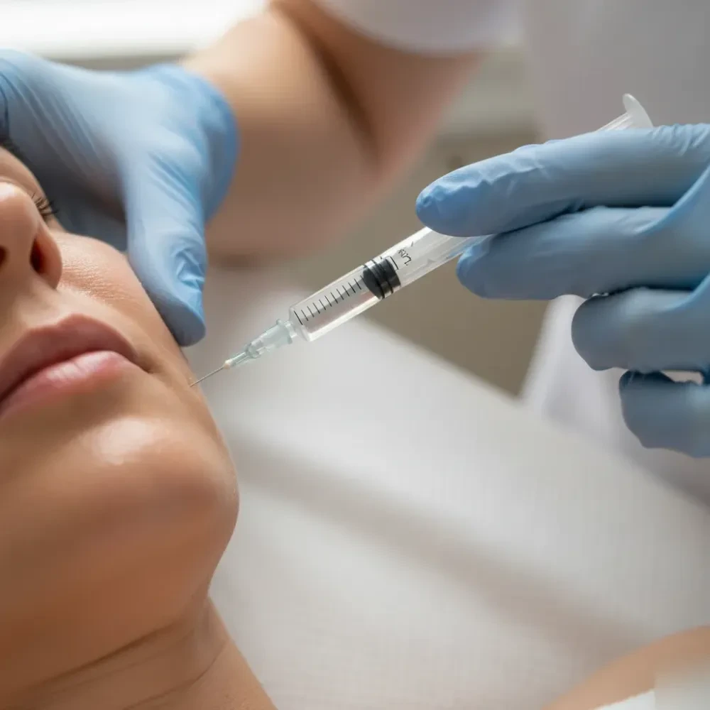 Close-up of gloved hands positioning a cosmetic injectable syringe near a woman's facial skin — Cosmetic Injectables at Jolie Visage in Murrells Inlet, SC