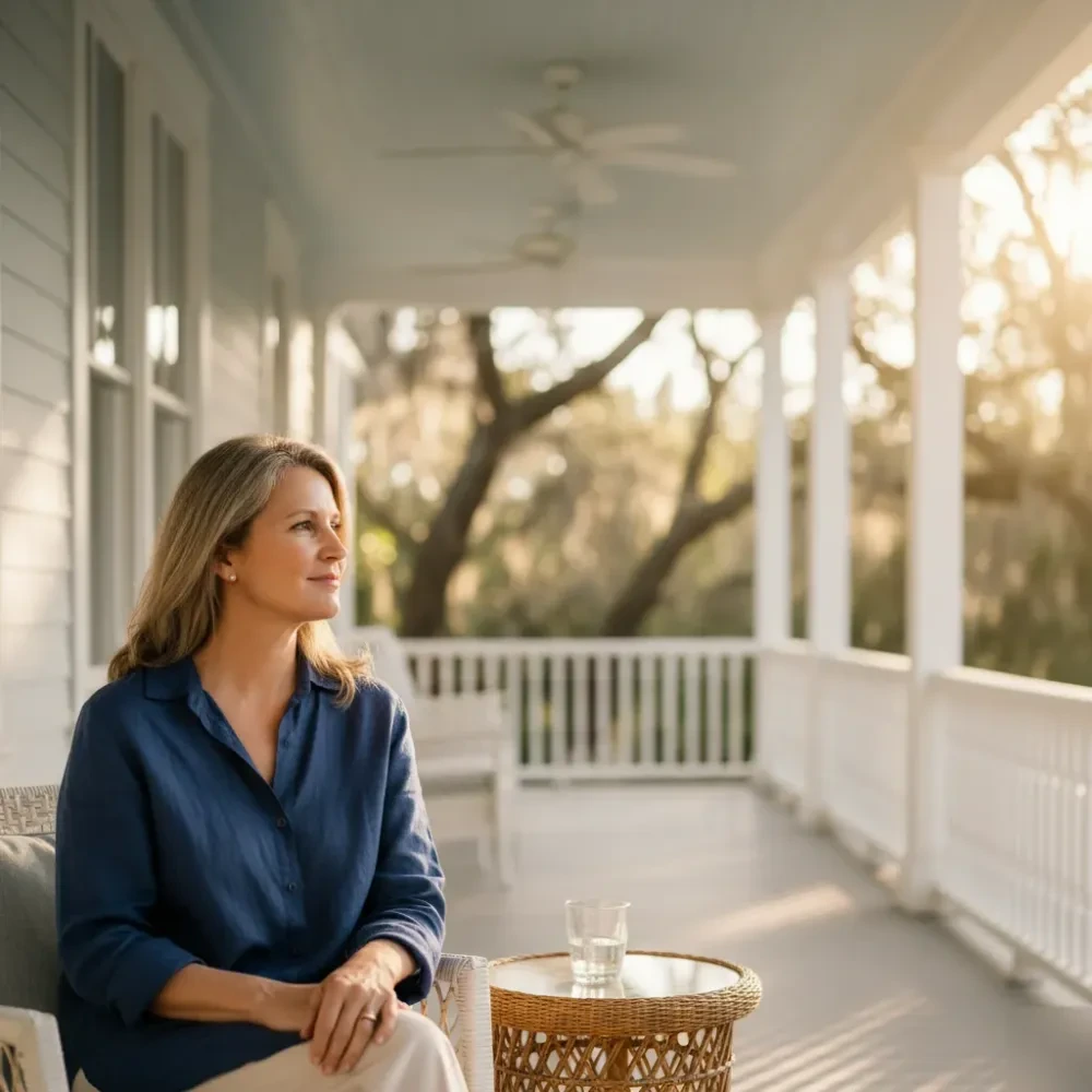Woman in her 50s sits on a sunlit low-country porch near Murrells Inlet after cosmetic injectable care — Cosmetic Injectables at Jolie Visage in Murrells Inlet, SC