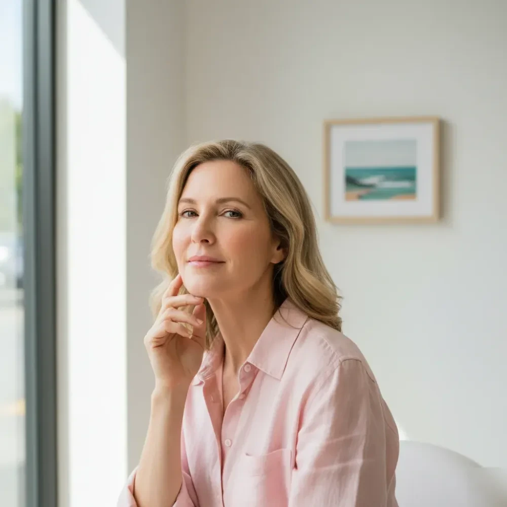 Woman in her 50s touches her jawline near a sunlit window after a cosmetic injectable treatment — Cosmetic Injectables at Jolie Visage in Murrells Inlet, SC