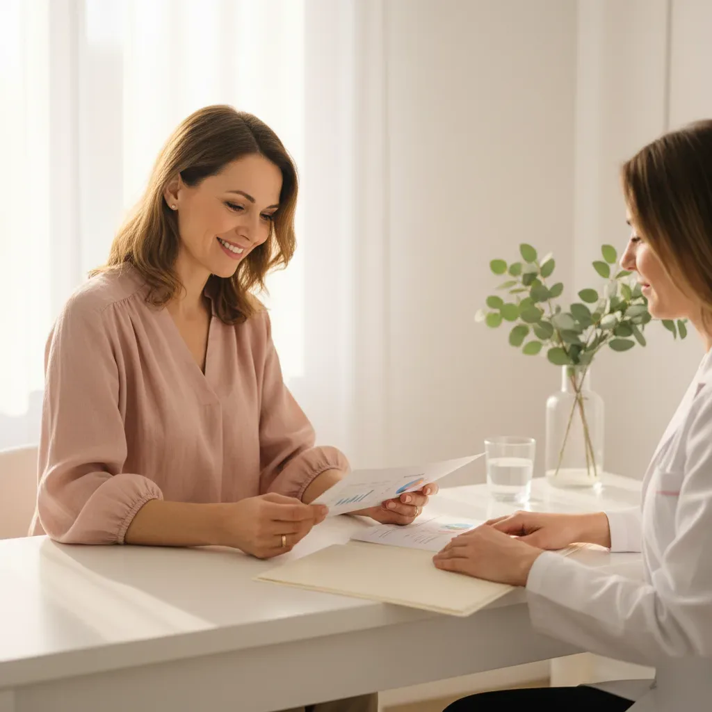 A woman in her late 40s reviews a wellness assessment with a clinician at a bright coastal medical clinic.
