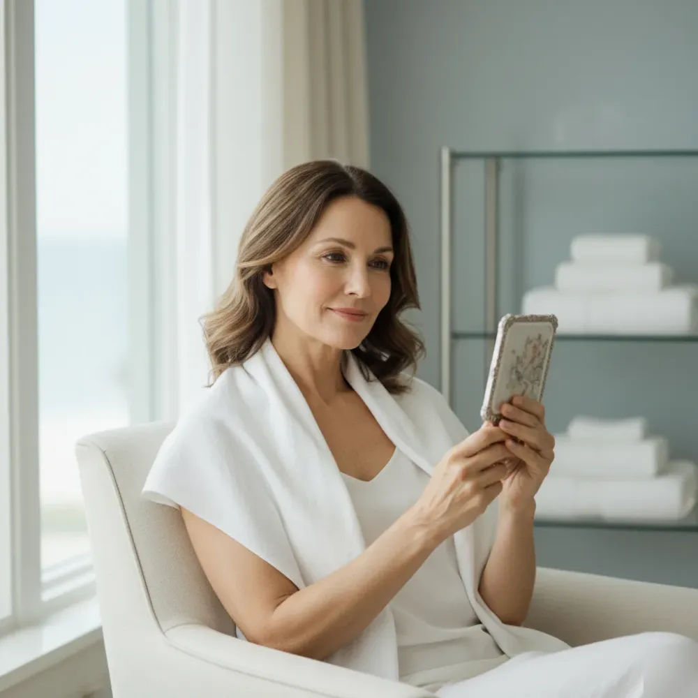 Woman in her mid-fifties examines her face in a handheld mirror inside a bright, minimalist clinic room after a filler