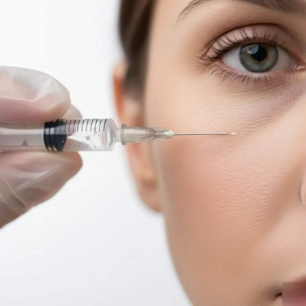 Close-up of a gloved hand holding a fine syringe near a woman's under-eye hollow during a dermal filler treatment.