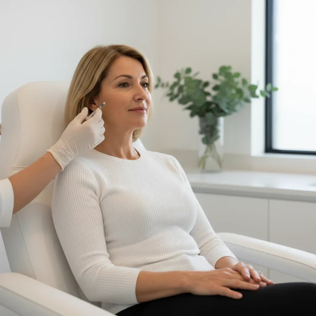 Woman in her fifties receives a dermal filler injection near her cheekbone in a bright, coastal clinic treatment room.