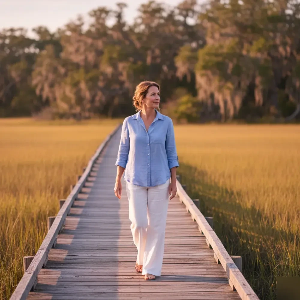 Woman in her mid-50s walks a marsh boardwalk in Murrells Inlet, her smooth skin catching warm late-afternoon coastal