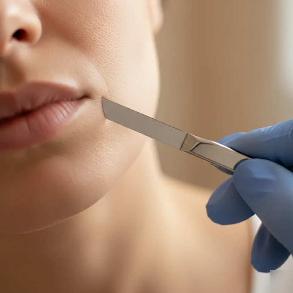 Gloved hand holds a sterile surgical blade against bare facial skin near the jaw, revealing fine vellus hair in side light.
