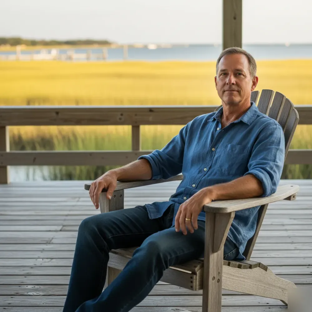 Man in his late 50s sits on a sunlit coastal porch near marsh water in Murrells Inlet, looking relaxed.