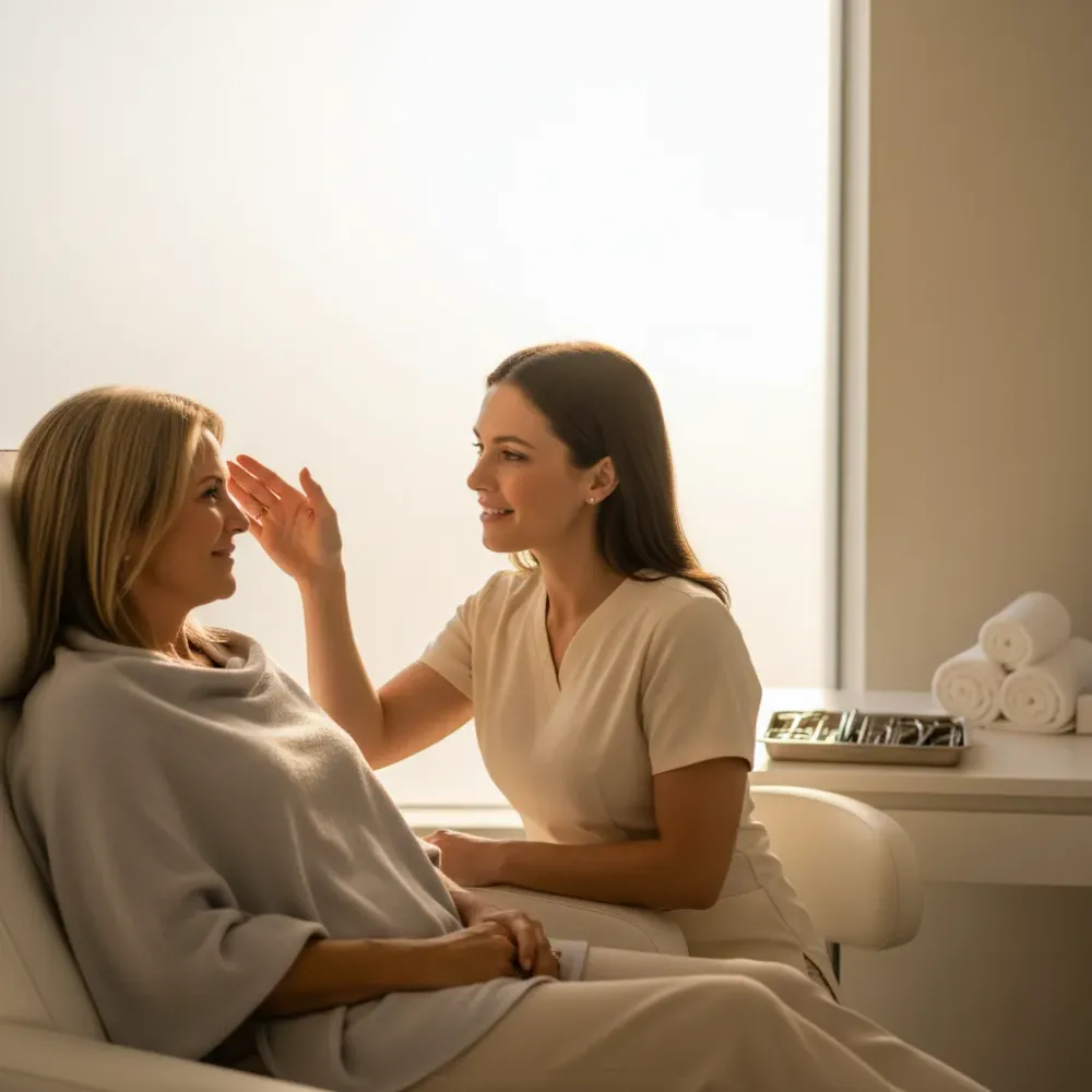 A person in their mid-50s in a treatment chair during a calm facial consultation at a boutique medical clinic.